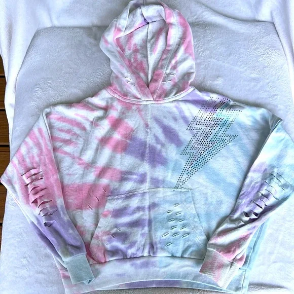 Girls’ Vintage Havana Tie Dye Distressed Lighting Bolt Rhinestone Hoodie 10/12 - Picture 3 of 10